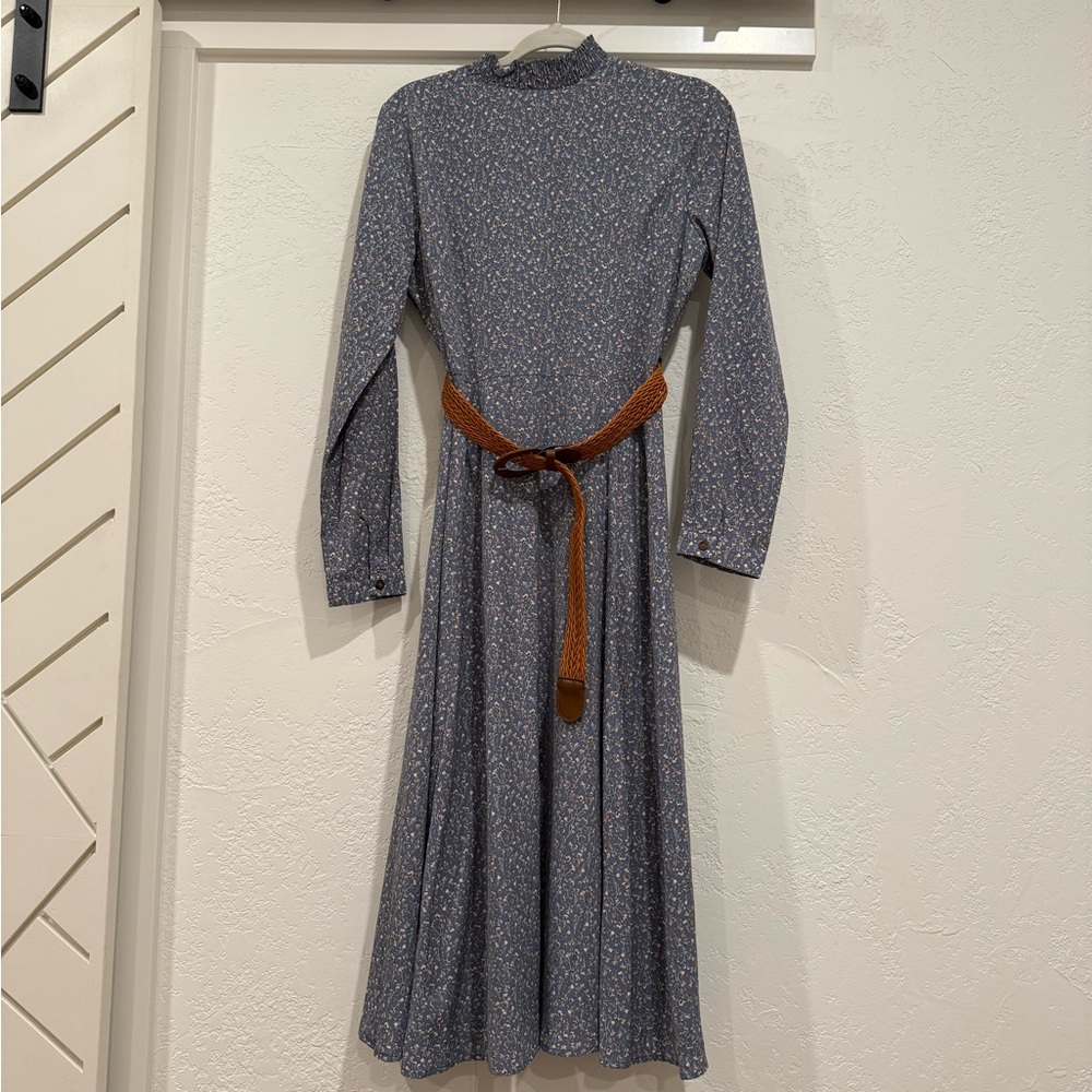 Roolee Blue Floral Long Sleeve Dress with Brown Belt Size Small